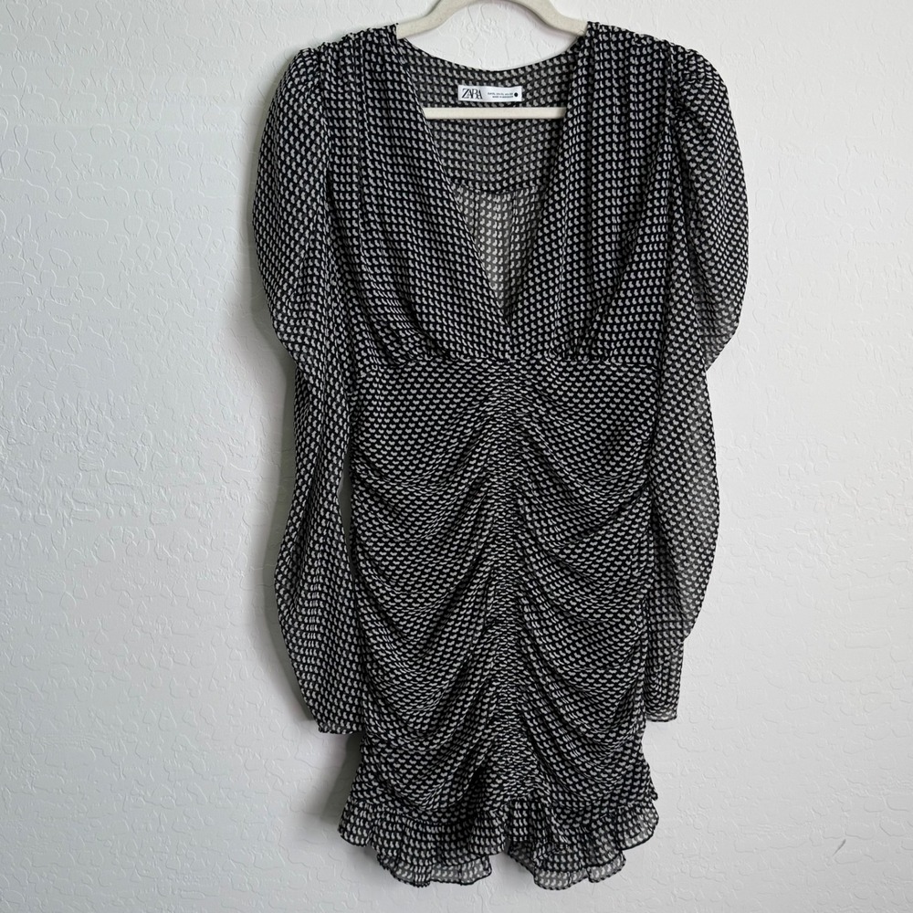 Zara XL Black White Geometric Ruched Chiffon V-Neck Mini Dress Puff Sleeve